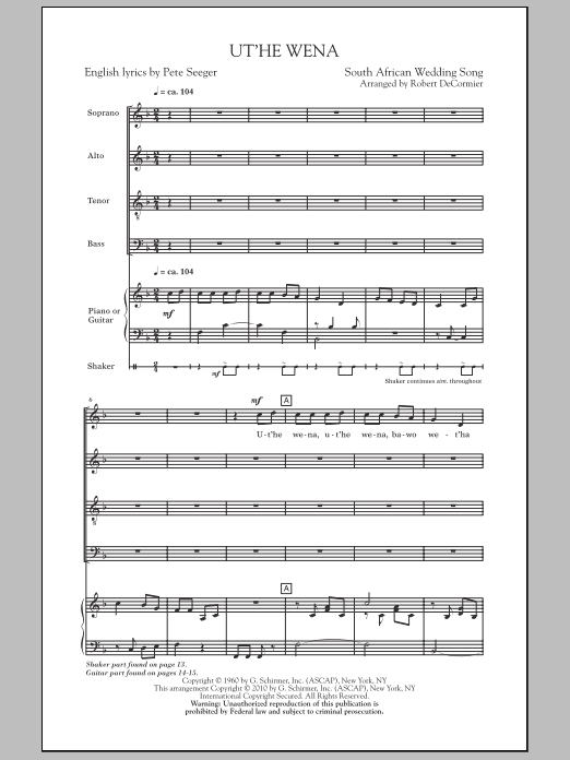 Learn to play Robert DeCormier Ut'he Wena sheet music for SATB Choir in minutes. Price: 3.9900$ Robert DeCormier Ut'he Wena sheet music notes and chords arranged for SATB Choir