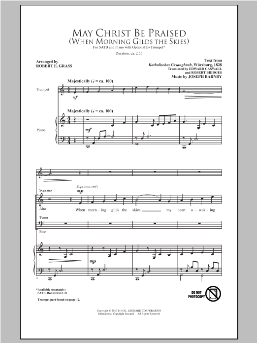 Learn to play Joseph Barnby May Christ Be Praised (arr. Robert E. Grass) sheet music for SATB Choir in minutes. Price: 3.9900$ Joseph Barnby May Christ Be Praised (arr. Robert E. Grass) sheet music notes and chords arranged for SATB Choir