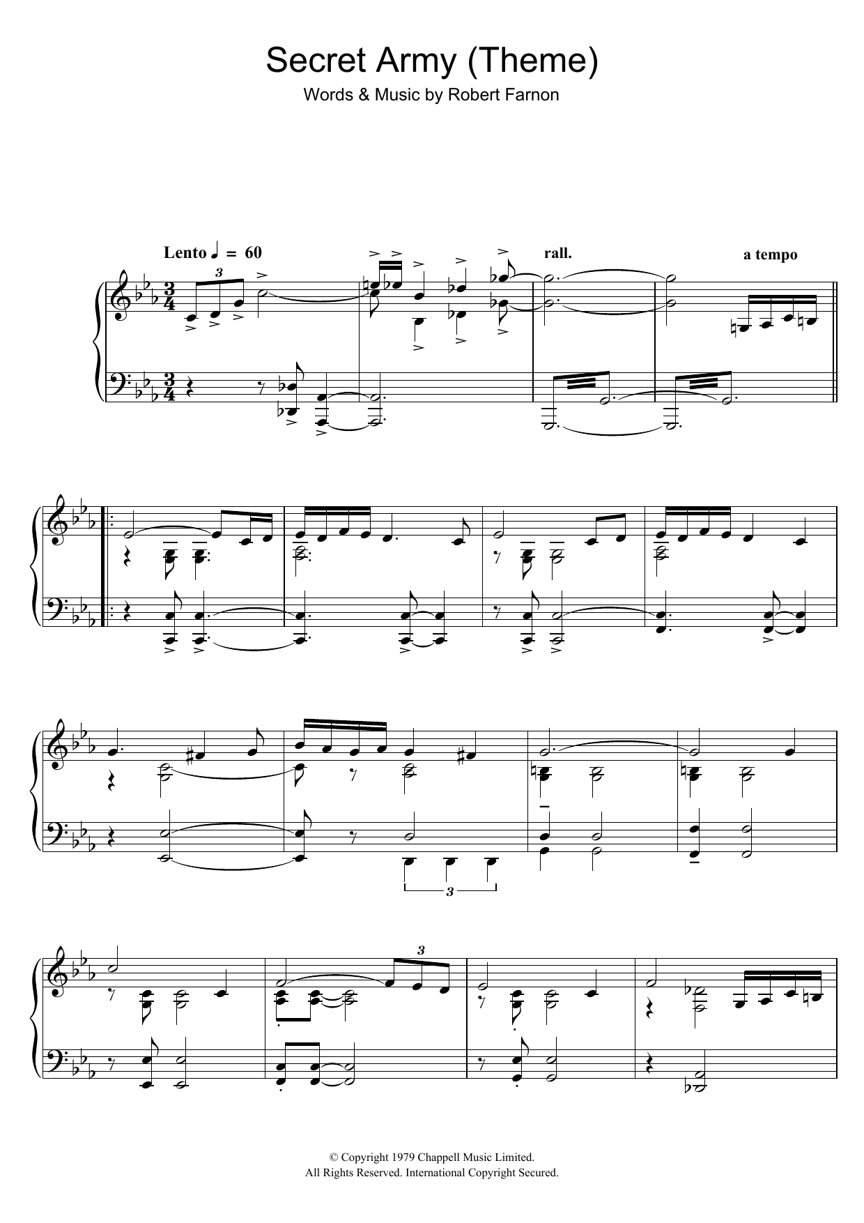 Learn to play Robert Farnon Secret Army (Theme) sheet music for Piano Solo in minutes. Robert Farnon Secret Army (Theme) sheet music notes and chords. Download Printable PDF.