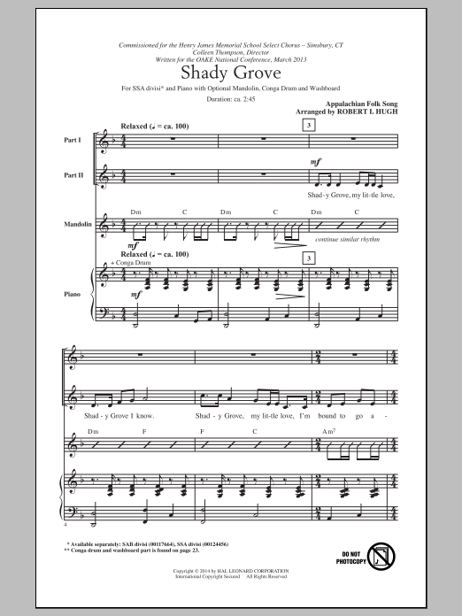 Traditional Folksong Shady Grove (arr. Robert I. Hugh) sheet music notes and chords. Download Printable PDF.