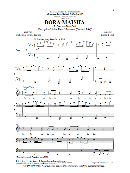 Learn to play Robert I. Hugh Bora Maisha sheet music for SSA Choir in minutes. Price: 3.9900$ Robert I. Hugh Bora Maisha sheet music notes and chords arranged for SSA Choir