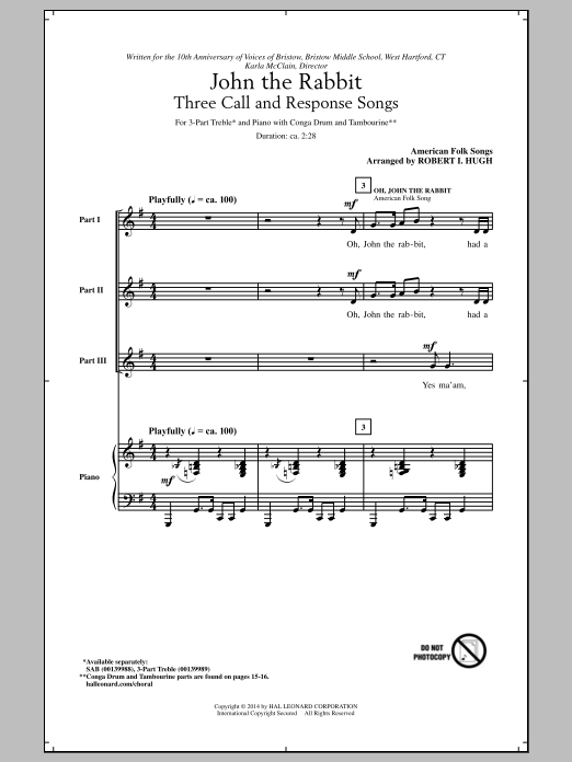 Learn to play Traditional American Folksong Oh, John The Rabbit (arr. Robert I. Hugh) sheet music for 3-Part Treble Choir in minutes. Price: 3.9900$ Traditional American Folksong Oh, John The Rabbit (arr. Robert I. Hugh) sheet music notes and chords arranged for 3-Part Treble Choir