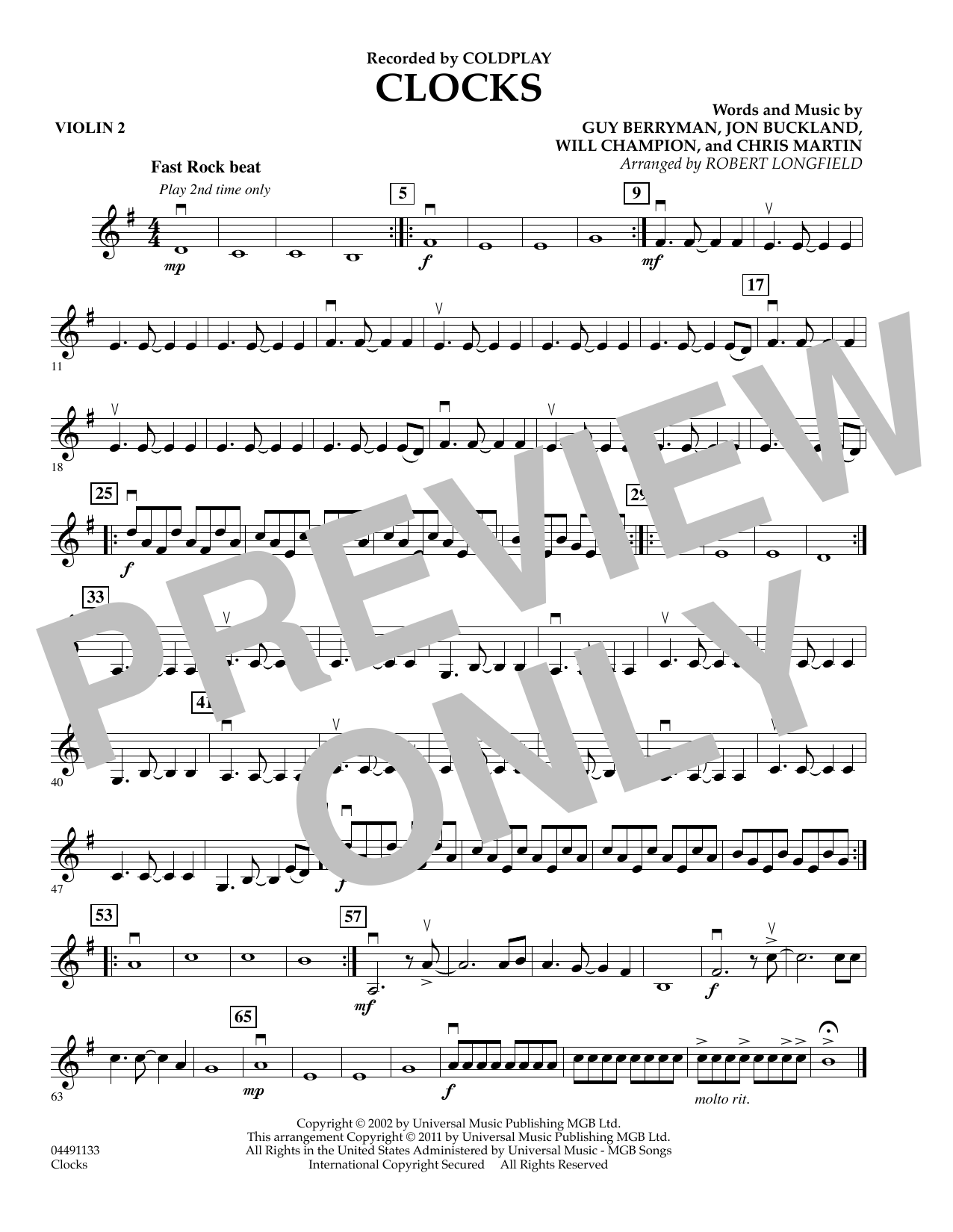 Robert Longfield Clocks Violin 2 Sheet Music Pdf Notes Chords Pop Score String Quartet Download Printable Sku 368570