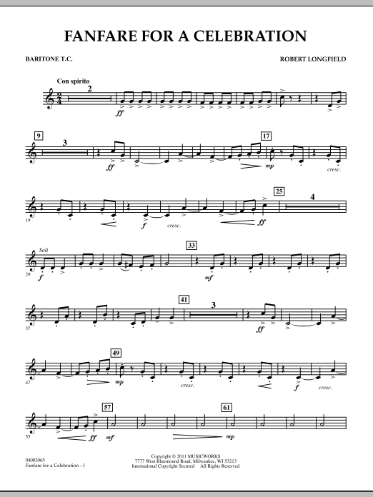Learn to play Robert Longfield Fanfare For A Celebration - Baritone T.C. sheet music for Concert Band in minutes. Price: 7.8900$ Robert Longfield Fanfare For A Celebration - Baritone T.C. sheet music notes and chords arranged for Concert Band