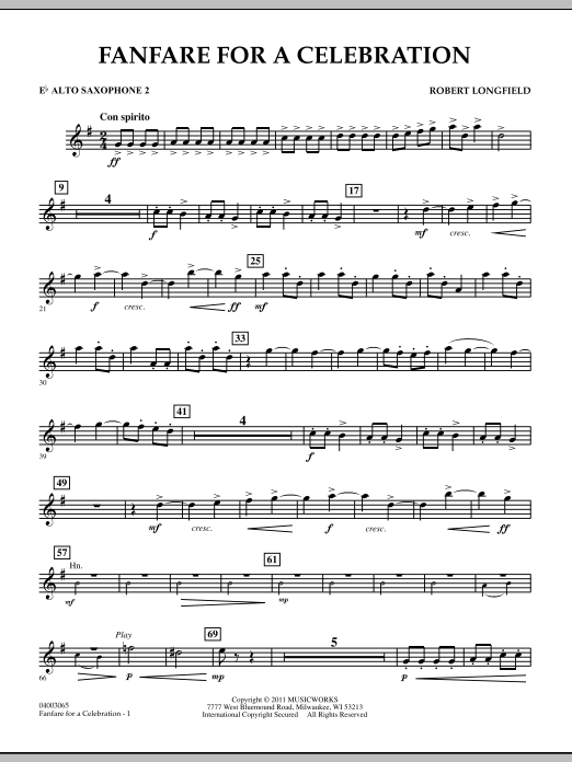 Learn to play Robert Longfield Fanfare For A Celebration - Eb Alto Saxophone 2 sheet music for Concert Band in minutes. Price: 7.8900$ Robert Longfield Fanfare For A Celebration - Eb Alto Saxophone 2 sheet music notes and chords arranged for Concert Band