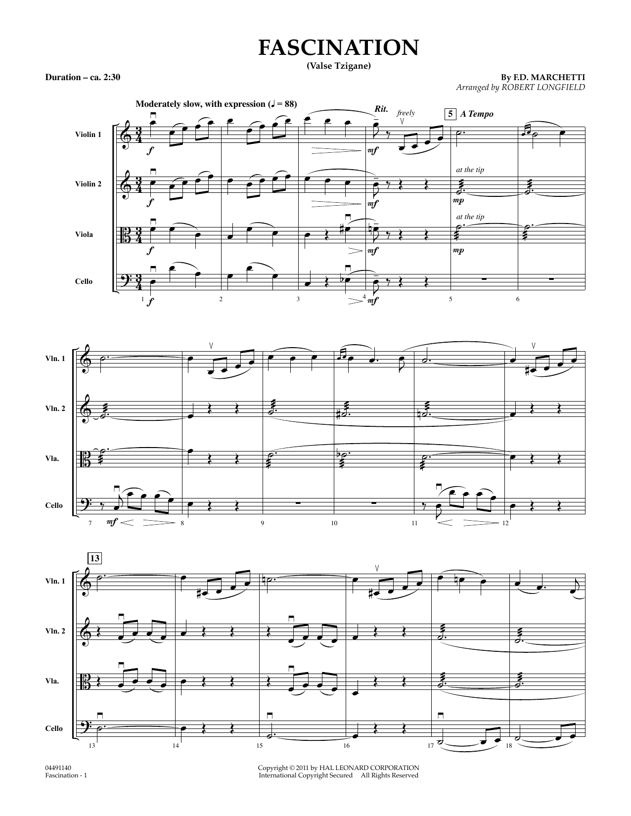 Learn to play Robert Longfield Fascination (Valse Tzigane) - Conductor Score (Full Score) sheet music for String Quartet in minutes. Price: 6.9900$ Robert Longfield Fascination (Valse Tzigane) - Conductor Score (Full Score) sheet music notes and chords arranged for String Quartet