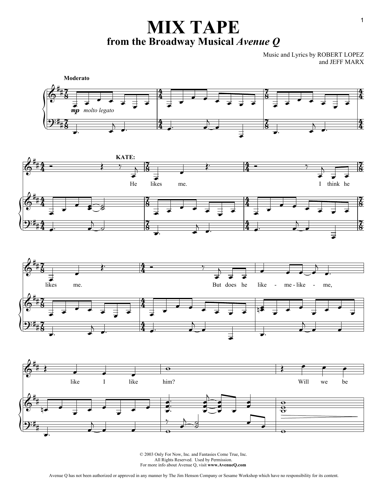 Learn to play Robert Lopez & Jeff Marx Mix Tape (from Avenue Q) sheet music for Piano, Vocal & Guitar (Right-Hand Melody) in minutes. Price: 7.8900$ Robert Lopez & Jeff Marx Mix Tape (from Avenue Q) sheet music notes and chords. Download Printable PDF.