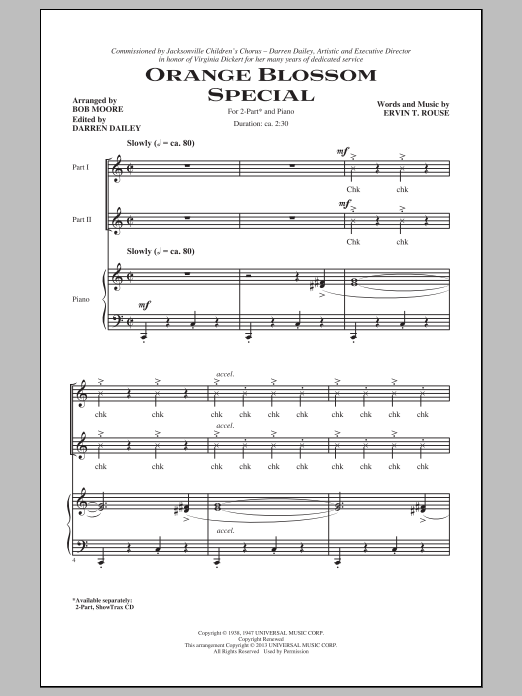 Learn to play Robert Moore Orange Blossom Special sheet music for 2-Part Choir in minutes. Price: 3.9900$ Robert Moore Orange Blossom Special sheet music notes and chords arranged for 2-Part Choir