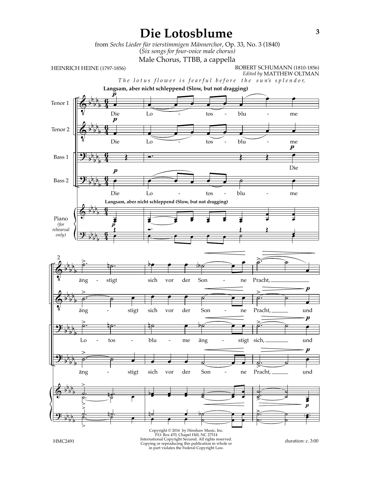 Learn to play Robert Schumann Die Lotosblume (Ed. Matthew D. Oltman) sheet music for TTBB Choir in minutes. Price: 3.9900$ Robert Schumann Die Lotosblume (Ed. Matthew D. Oltman) sheet music notes and chords arranged for TTBB Choir