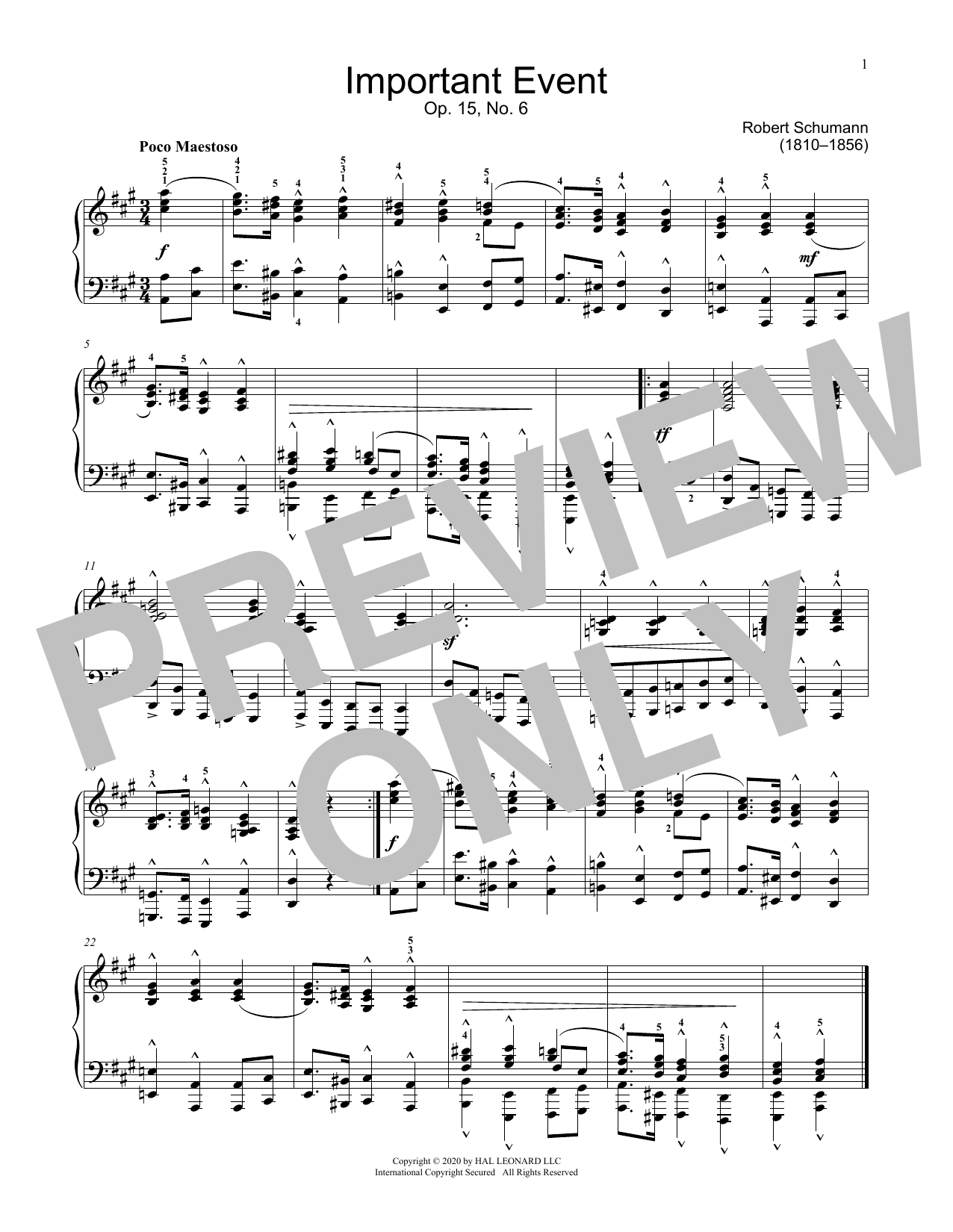 Learn to play Robert Schumann Important Event, Op. 15, No. 6 sheet music for Educational Piano in minutes. Price: 6.9900$ Robert Schumann Important Event, Op. 15, No. 6 sheet music notes and chords arranged for Educational Piano