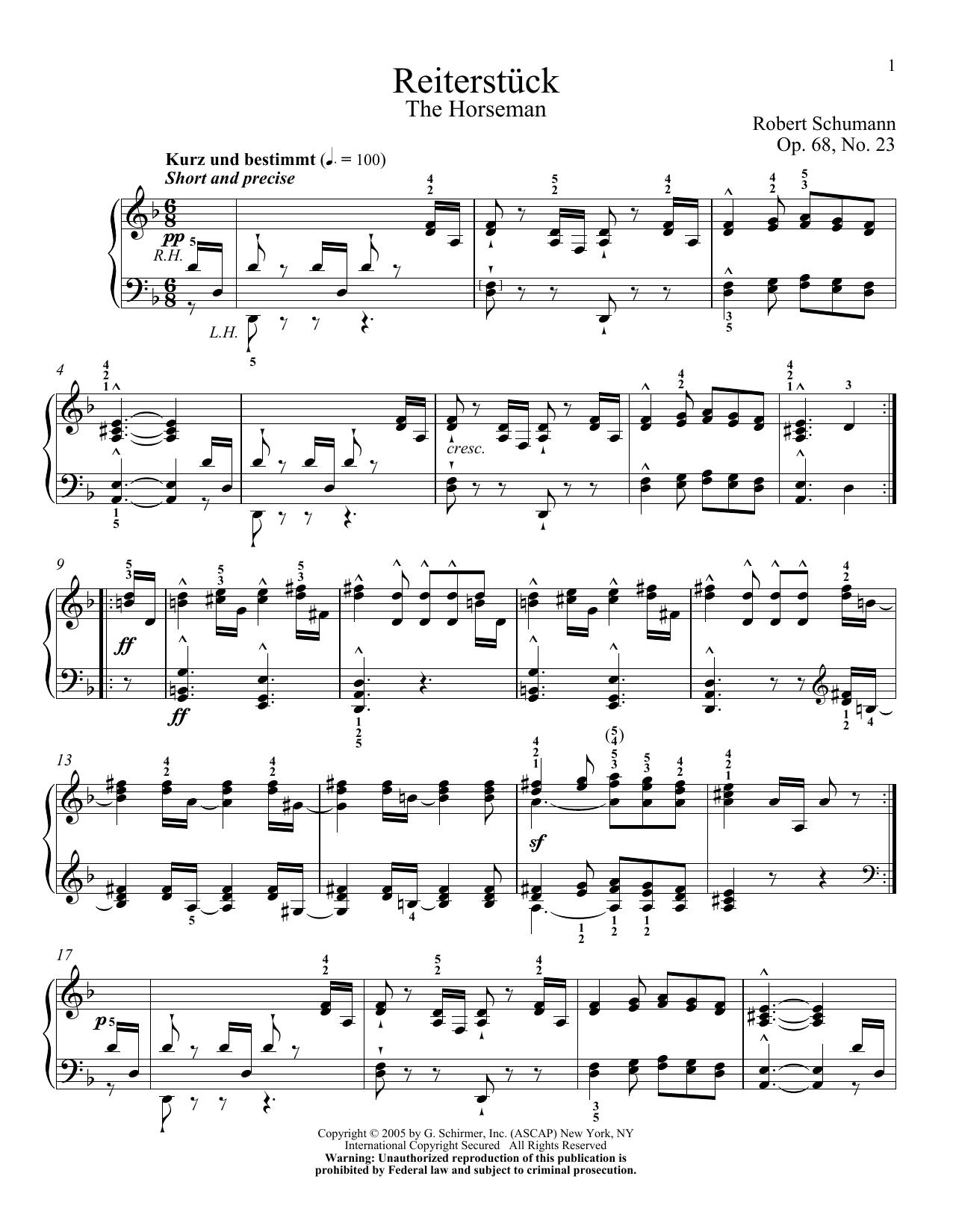 Robert Schumann The Horseman, Op. 68, No. 23 sheet music notes and chords arranged for Educational Piano