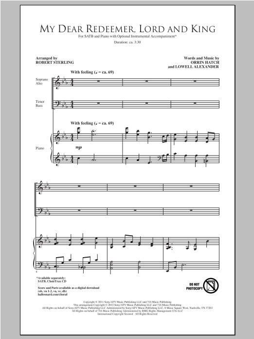 Learn to play Lowell Alexander My Dear Redeemer, Lord And King (arr. Robert Sterling) sheet music for SATB Choir in minutes. Price: 3.9900$ Lowell Alexander My Dear Redeemer, Lord And King (arr. Robert Sterling) sheet music notes and chords arranged for SATB Choir