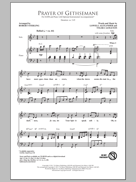 Lowell Alexander Prayer Of Gethsemane (arr. Robert Sterling) sheet music notes and chords. Download Printable PDF.