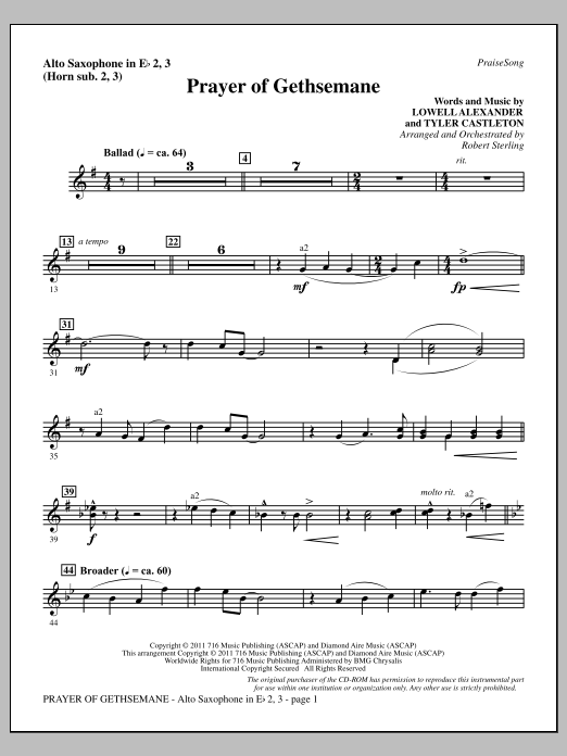 Learn to play Robert Sterling Prayer Of Gethsemane - Alto Sax 2-3 (sub. Horn 2-3) sheet music for Choir Instrumental Pak in minutes. Price: 8.9900$ Robert Sterling Prayer Of Gethsemane - Alto Sax 2-3 (sub. Horn 2-3) sheet music notes and chords arranged for Choir Instrumental Pak