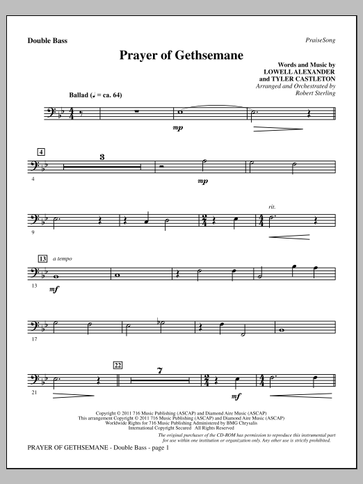 Learn to play Robert Sterling Prayer Of Gethsemane - Double Bass sheet music for Choir Instrumental Pak in minutes. Price: 8.9900$ Robert Sterling Prayer Of Gethsemane - Double Bass sheet music notes and chords arranged for Choir Instrumental Pak