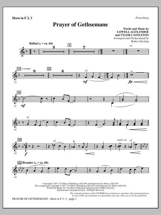 Learn to play Robert Sterling Prayer Of Gethsemane - F Horn 2,3 sheet music for Choir Instrumental Pak in minutes. Price: 8.9900$ Robert Sterling Prayer Of Gethsemane - F Horn 2,3 sheet music notes and chords arranged for Choir Instrumental Pak