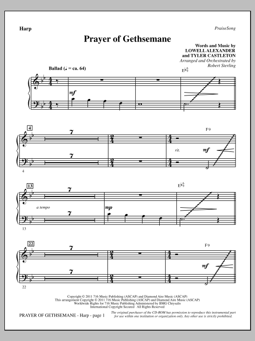 Learn to play Robert Sterling Prayer Of Gethsemane - Harp sheet music for Choir Instrumental Pak in minutes. Price: 8.9900$ Robert Sterling Prayer Of Gethsemane - Harp sheet music notes and chords arranged for Choir Instrumental Pak