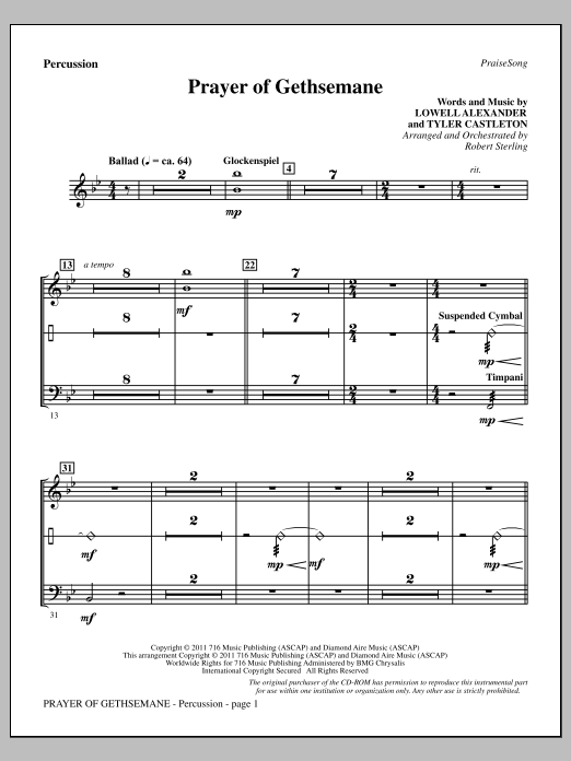 Learn to play Robert Sterling Prayer Of Gethsemane - Percussion sheet music for Choir Instrumental Pak in minutes. Price: 8.9900$ Robert Sterling Prayer Of Gethsemane - Percussion sheet music notes and chords arranged for Choir Instrumental Pak