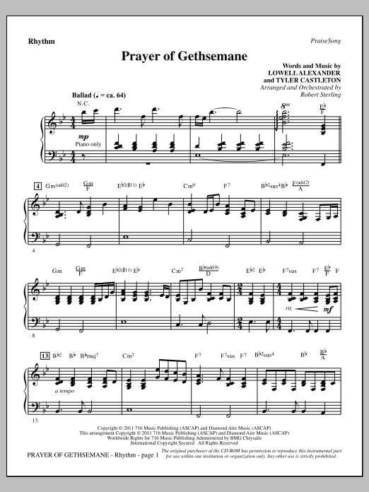 Learn to play Robert Sterling Prayer Of Gethsemane - Rhythm sheet music for Choir Instrumental Pak in minutes. Price: 8.9900$ Robert Sterling Prayer Of Gethsemane - Rhythm sheet music notes and chords arranged for Choir Instrumental Pak