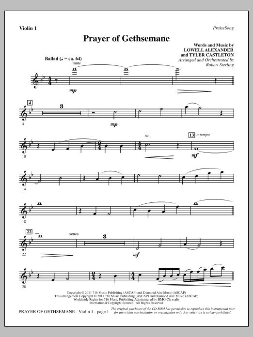 Learn to play Robert Sterling Prayer Of Gethsemane - Violin 1 sheet music for Choir Instrumental Pak in minutes. Price: 8.9900$ Robert Sterling Prayer Of Gethsemane - Violin 1 sheet music notes and chords arranged for Choir Instrumental Pak