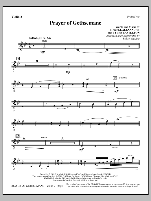 Learn to play Robert Sterling Prayer Of Gethsemane - Violin 2 sheet music for Choir Instrumental Pak in minutes. Price: 8.9900$ Robert Sterling Prayer Of Gethsemane - Violin 2 sheet music notes and chords arranged for Choir Instrumental Pak