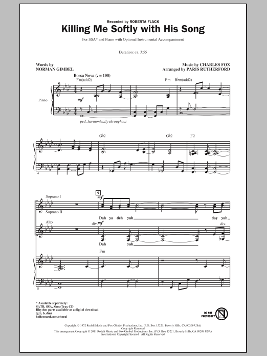 Roberta Flack Killing Me Softly With His Song (arr. Paris Rutherford) sheet music notes and chords. Download Printable PDF.