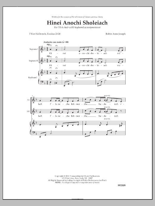 Learn to play Robin Anne Joseph Hinei Anochi Sholei'ach sheet music for SSA Choir in minutes. Price: 3.9900$ Robin Anne Joseph Hinei Anochi Sholei'ach sheet music notes and chords arranged for SSA Choir