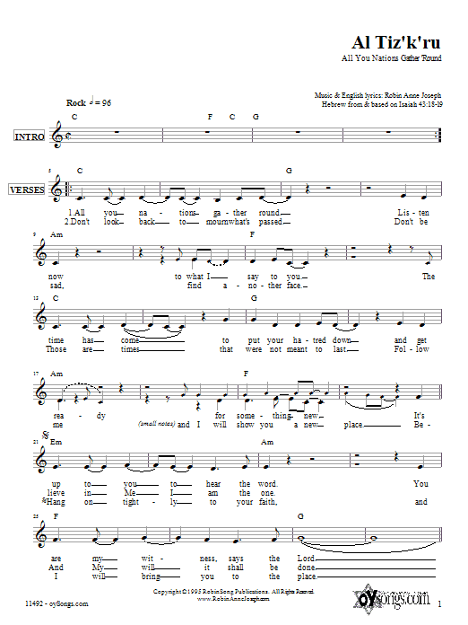 Learn to play Robin Joseph Al Tiz'k'ru sheet music for Lead Sheet / Fake Book in minutes. Price: 5.9900$ Robin Joseph Al Tiz'k'ru sheet music notes and chords arranged for Lead Sheet / Fake Book