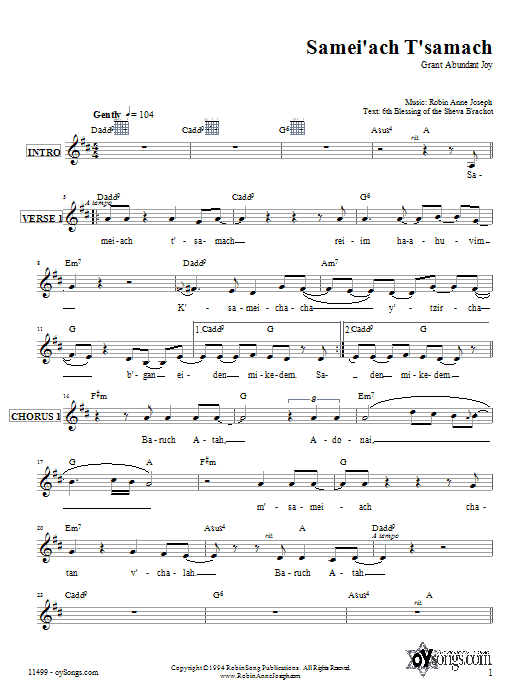 Learn to play Robin Joseph Samei'ach T'samach sheet music for Lead Sheet / Fake Book in minutes. Price: 5.9900$ Robin Joseph Samei'ach T'samach sheet music notes and chords arranged for Lead Sheet / Fake Book