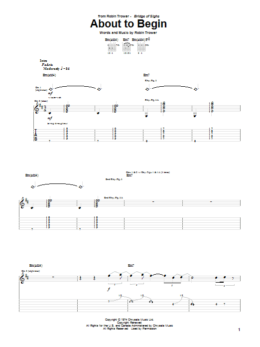 Learn to play Robin Trower About To Begin sheet music for Guitar Tab in minutes. Robin Trower About To Begin sheet music notes and chords. Download Printable PDF.