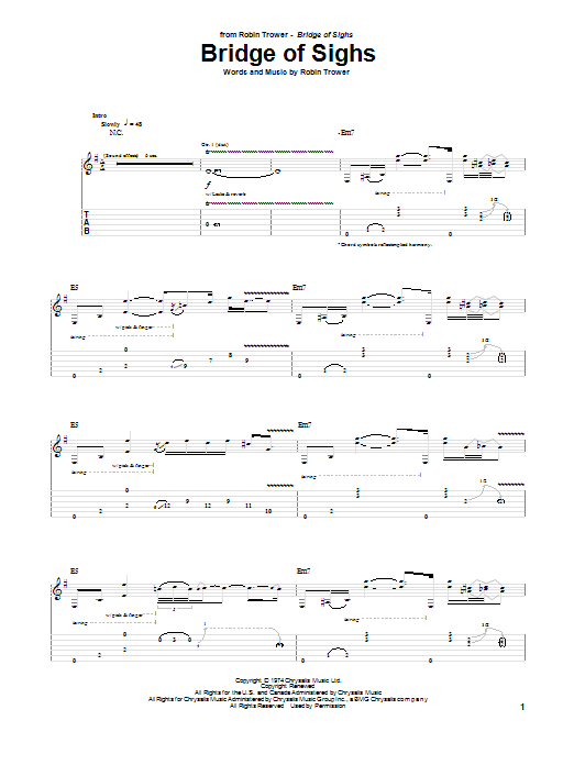 Robin Trower Bridge Of Sighs sheet music notes and chords. Download Printable PDF.