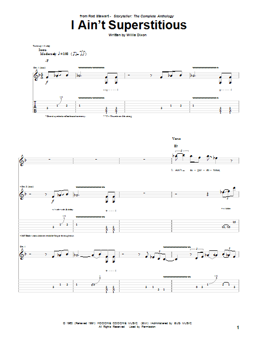 Learn to play Rod Stewart I Ain't Superstitious sheet music for Guitar Tab in minutes. Price: 7.8900$ Rod Stewart I Ain't Superstitious sheet music notes and chords arranged for Guitar Tab