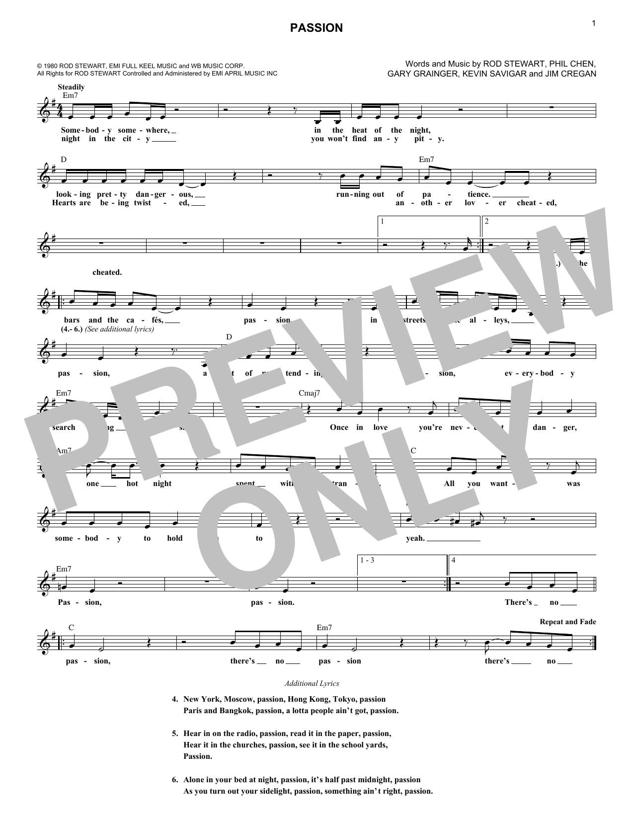 Learn to play Rod Stewart Passion sheet music for Lead Sheet / Fake Book in minutes. Price: 5.9900$ Rod Stewart Passion sheet music notes and chords arranged for Lead Sheet / Fake Book
