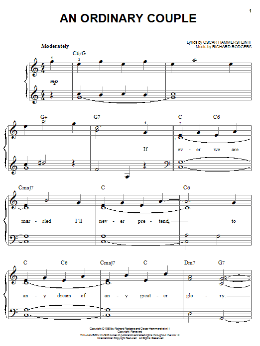 Learn to play Rodgers & Hammerstein An Ordinary Couple sheet music for Easy Piano in minutes. Price: 6.9900$ Rodgers & Hammerstein An Ordinary Couple sheet music notes and chords arranged for Easy Piano