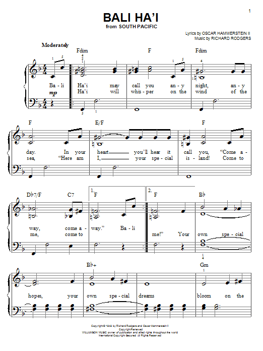 Rodgers & Hammerstein Bali Ha'i sheet music notes and chords. Download Printable PDF.