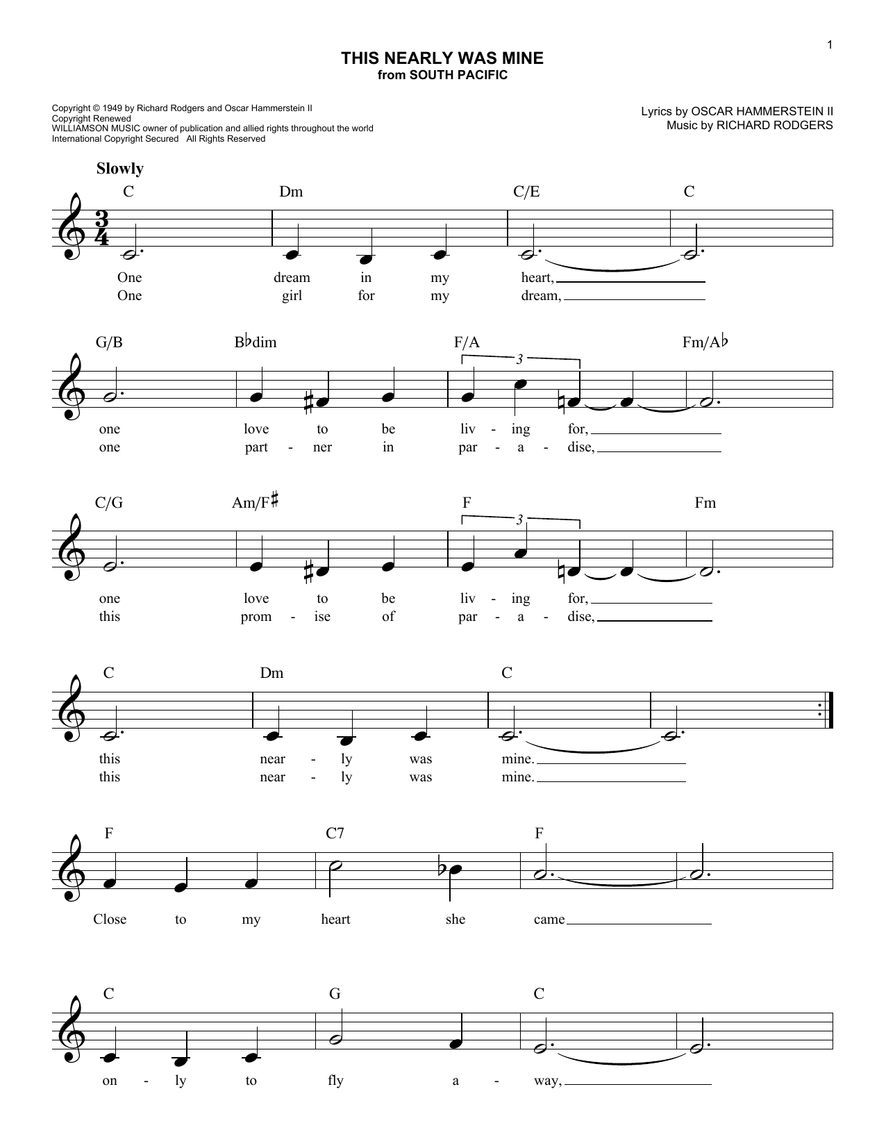Learn to play Rodgers & Hammerstein This Nearly Was Mine sheet music for Easy Lead Sheet / Fake Book in minutes. Price: 5.9900$ Rodgers & Hammerstein This Nearly Was Mine sheet music notes and chords arranged for Easy Lead Sheet / Fake Book