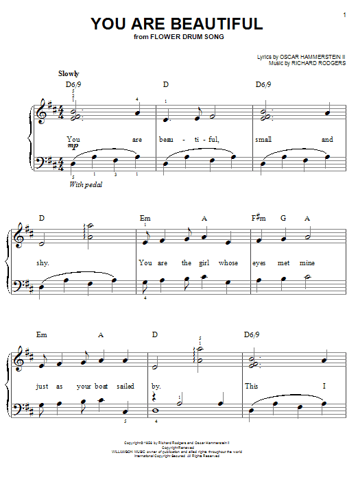 Learn to play Rodgers & Hammerstein You Are Beautiful sheet music for Easy Piano in minutes. Price: 6.9900$ Rodgers & Hammerstein You Are Beautiful sheet music notes and chords arranged for Easy Piano