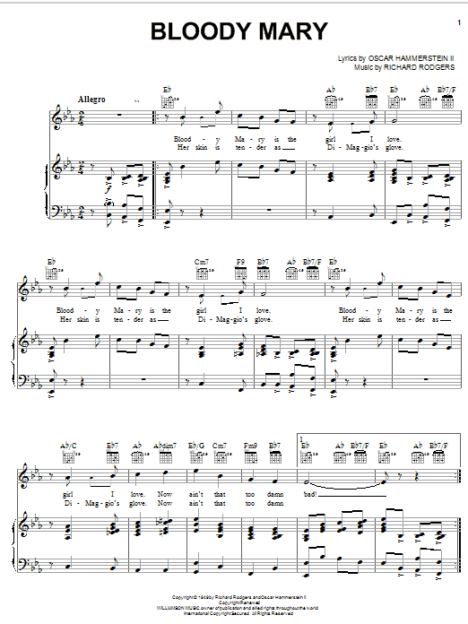 Rodgers & Hammerstein Bloody Mary sheet music notes and chords. Download Printable PDF.