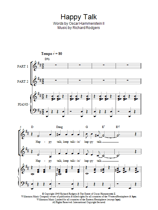 Learn to play Rodgers & Hammerstein Happy Talk (from South Pacific) sheet music for 2-Part Choir in minutes. Price: 3.9900$ Rodgers & Hammerstein Happy Talk (from South Pacific) sheet music notes and chords arranged for 2-Part Choir