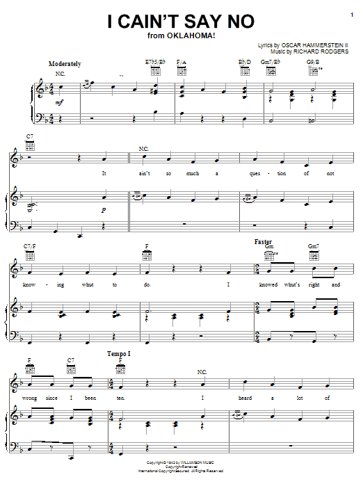 Learn to play Rodgers & Hammerstein I Cain't Say No (from Oklahoma!) sheet music for Easy Lead Sheet / Fake Book in minutes. Price: 5.9900$ Rodgers & Hammerstein I Cain't Say No (from Oklahoma!) sheet music notes and chords arranged for Easy Lead Sheet / Fake Book