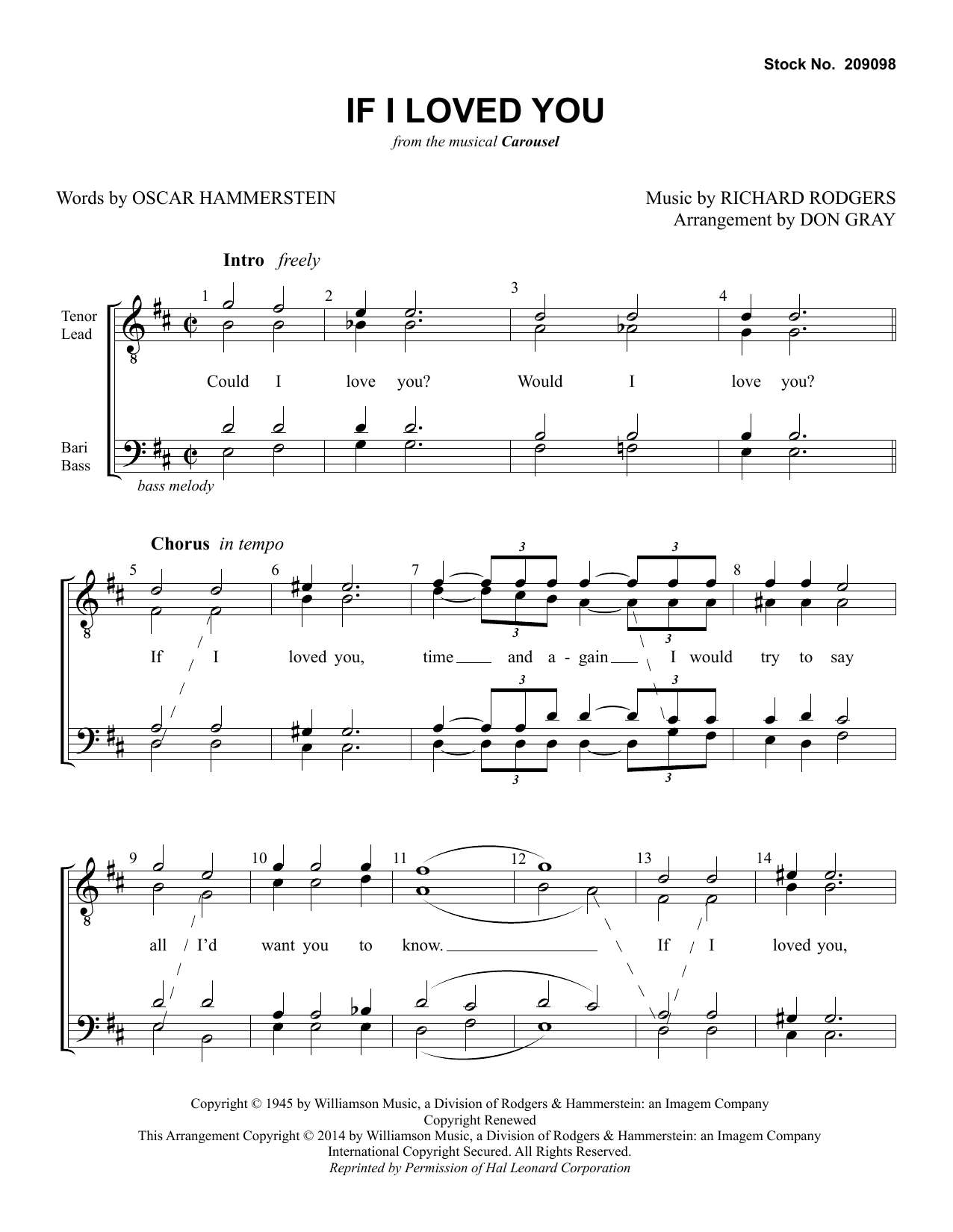 Learn to play Rodgers & Hammerstein If I Loved You (from Carousel) (arr. Don Gray) sheet music for TTBB Choir in minutes. Price: 3.9900$ Rodgers & Hammerstein If I Loved You (from Carousel) (arr. Don Gray) sheet music notes and chords arranged for TTBB Choir