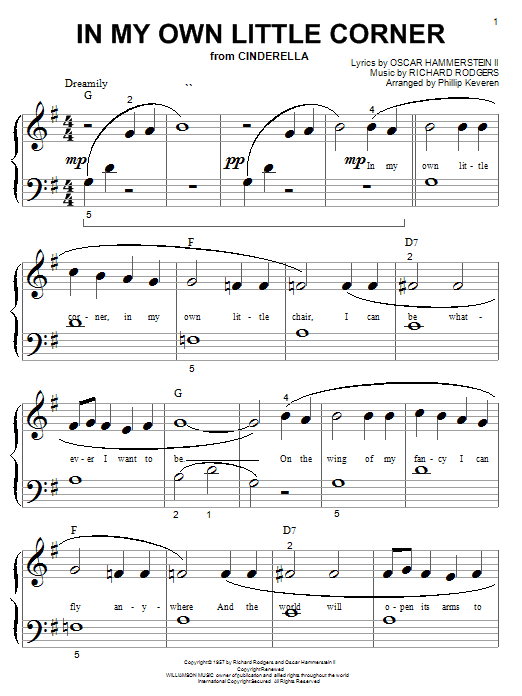 Learn to play Rodgers & Hammerstein In My Own Little Corner sheet music for Big Note Piano in minutes. Price: 6.9900$ Rodgers & Hammerstein In My Own Little Corner sheet music notes and chords arranged for Big Note Piano
