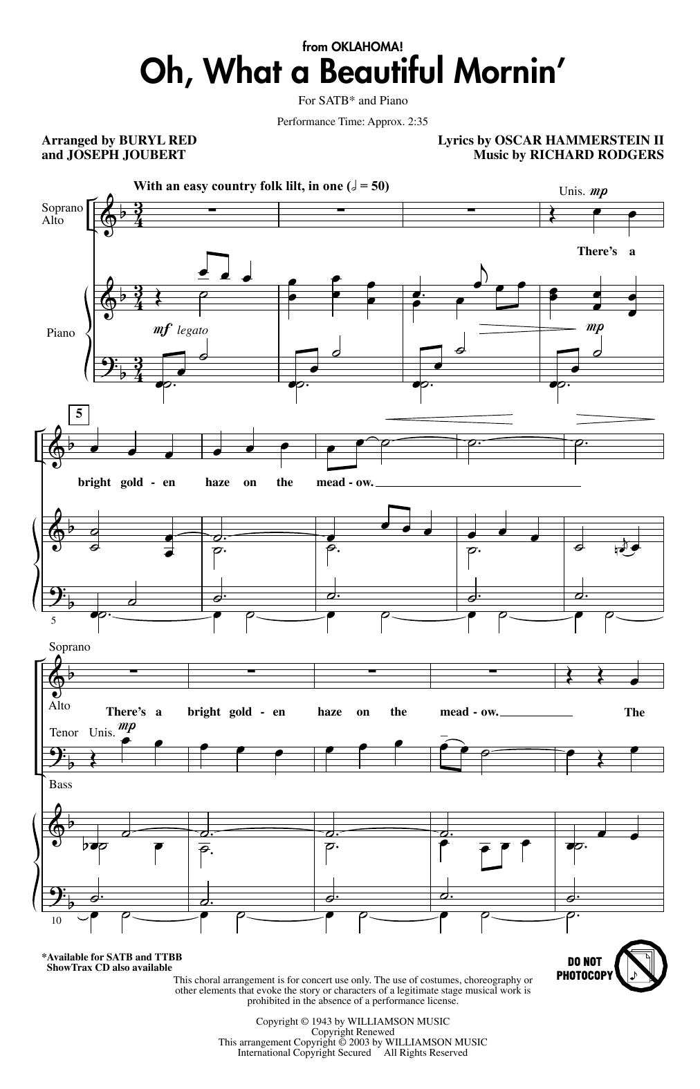 Rodgers Hammerstein Oh What A Beautiful Mornin From Oklahoma Arr Buryl Red Joseph Joubert Sheet Music Pdf Notes Chords Broadway Score Ttbb Choir Download Printable Sku 426476