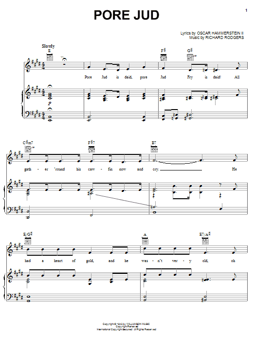 Learn to play Rodgers & Hammerstein Pore Jud Is Daid (from Oklahoma!) sheet music for Piano, Vocal & Guitar (Right-Hand Melody) in minutes. Rodgers & Hammerstein Pore Jud Is Daid (from Oklahoma!) sheet music notes and chords