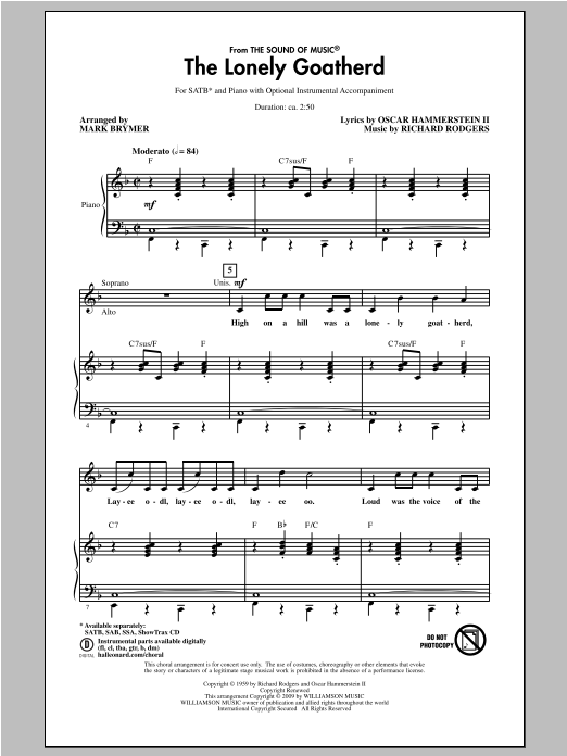 Learn to play Rodgers & Hammerstein The Lonely Goatherd (from The Sound of Music) (arr. Mark Brymer) sheet music for SAB Choir in minutes. Rodgers & Hammerstein The Lonely Goatherd (from The Sound of Music) (arr. Mark Brymer) sheet music notes and chords. Download Printable PDF.