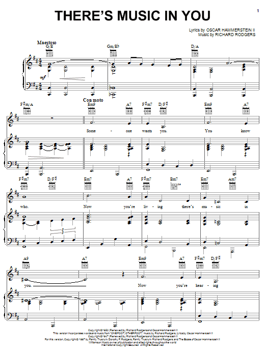 Learn to play Rodgers & Hammerstein There's Music In You sheet music for Piano, Vocal & Guitar (Right-Hand Melody) in minutes. Rodgers & Hammerstein There's Music In You sheet music notes and chords. Download Printable PDF.