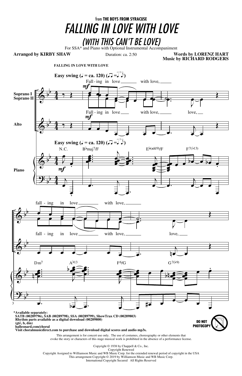 Learn to play Rodgers & Hart Falling In Love With Love (with This Can't Be Love) (arr. Kirby Shaw) sheet music for SSA Choir in minutes. Price: 3.9900$ Rodgers & Hart Falling In Love With Love (with This Can't Be Love) (arr. Kirby Shaw) sheet music notes and chords arranged for SSA Choir