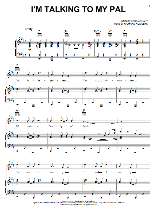 Learn to play Rodgers & Hart I'm Talking To My Pal sheet music for Piano, Vocal & Guitar (Right-Hand Melody) in minutes. Rodgers & Hart I'm Talking To My Pal sheet music notes and chords. Download Printable PDF.
