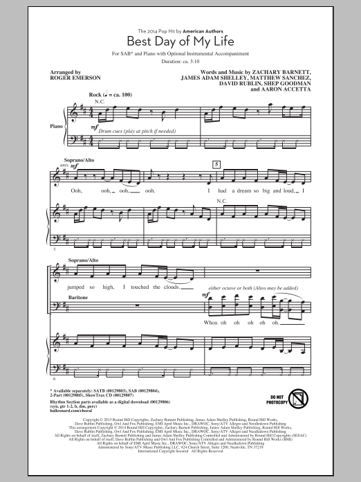 American Authors Best Day Of My Life (arr. Roger Emerson) sheet music notes and chords. Download Printable PDF.