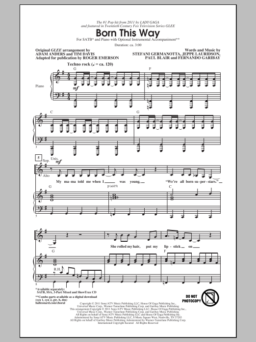 Glee Cast Born This Way (arr. Roger Emerson) sheet music notes and chords. Download Printable PDF.